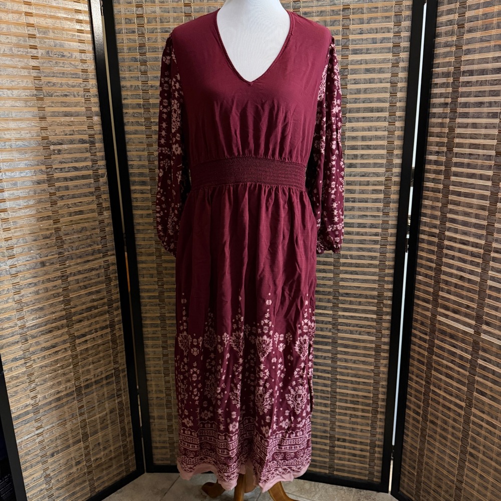 Knox Rose Midi Dress Women Large Burgundy Floral Smocked Boho Long Sleeve Pocket